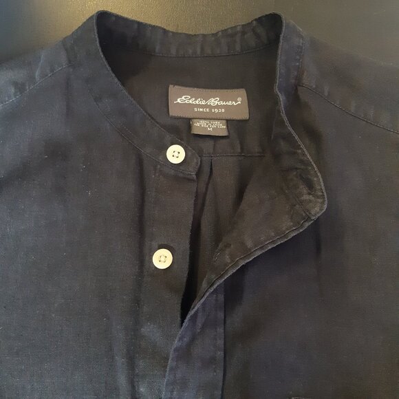 Eddie Bauer SZ M 100% Linen Mandarin Collar Men's Button Up Black Shirt - Picture 3 of 12